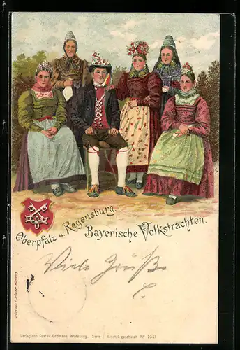Lithographie Regensburg, Herr & Damen tragen bayerische Volkstrachten, Wappen