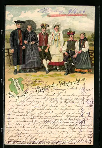 Künstler-AK Gruppe junger Leute in bayerischen Volkstrachten