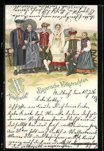Lithographie Familie vom Land in typisch bayerischer Tracht