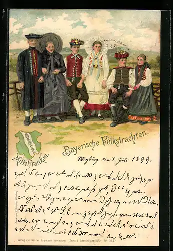Künstler-AK Gruppe junger Leute in bayerischen Volkstrachten