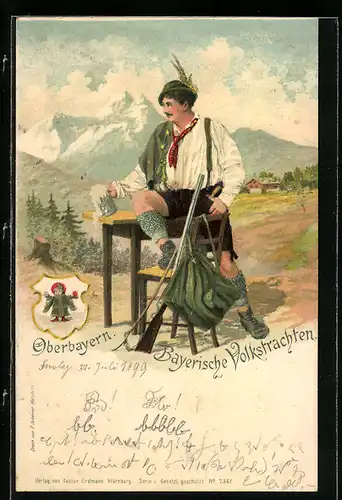 Lithographie Oberbayern, Bayerische Volkstrachten, Mann mit einem Bierkrug und Gewehr