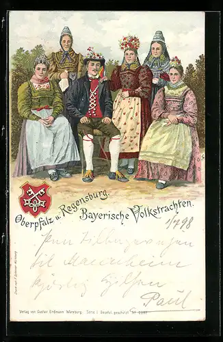 Lithographie Regensburg, Herr & Damen tragen bayerische Volkstrachten, Wappen