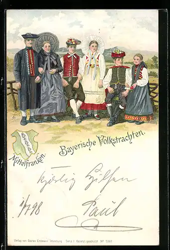 Lithographie Familie vom Land in typisch bayerischer Tracht