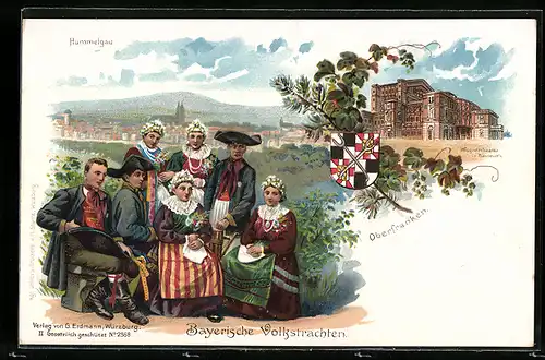 Künstler-AK Menschengruppe in Trachten aus Oberfranken