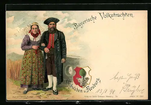 Lithographie Bayerische Volkstrachten, Paar in Trachten aus Schwaben u. Neuburg