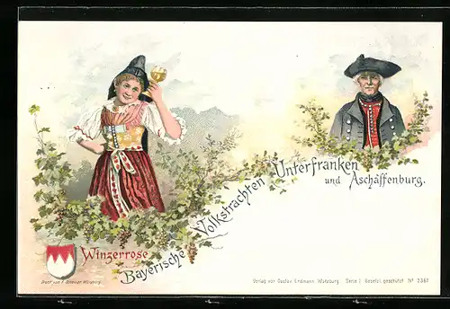 Lithographie Aschaffenburg / Unterfranken, Winzerrose in bayerischer Tracht