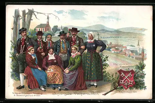 Lithographie Männer und Frauen in bayerischen Volkstrachten