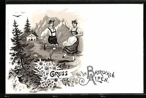 Lithographie Tanzendes Paar in bayerischer Tracht
