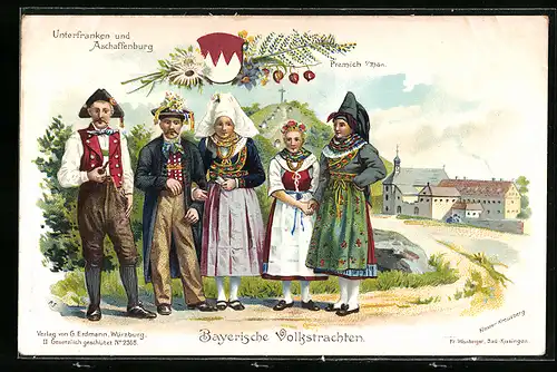 Künstler-AK Premich v. Rhön, Bayerische Volkstrachten Unterfranken und Aschaffenburg, Ortspartie