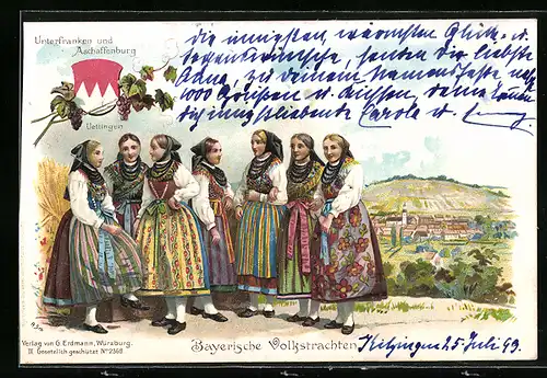 Künstler-AK Frauen in Trachten aus Unterfranken und Aschaffenburg