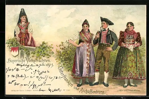 Künstler-AK Junge Menschen in Trachten aus Unterfranken und Aschaffenburg