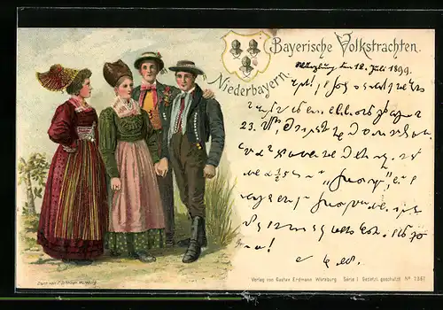 Künstler-AK Männer und Frauen in niederbayerischer Volkstracht