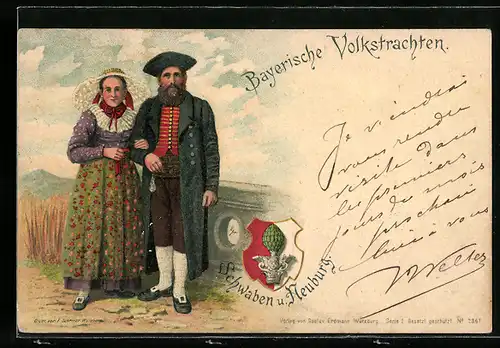 Lithographie Bayerische Volkstrachten, Paar in Trachten aus Schwaben u. Neuburg