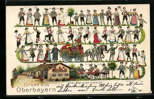 AK Leute zur Kindstaufe, Schuhplattler und Hochzeitsgäste in Ober-Bayrischen Trachten