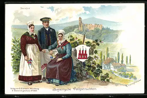 Lithographie Steinfeld, Mainfränkische Volkstrachten, Blick zur Ruine