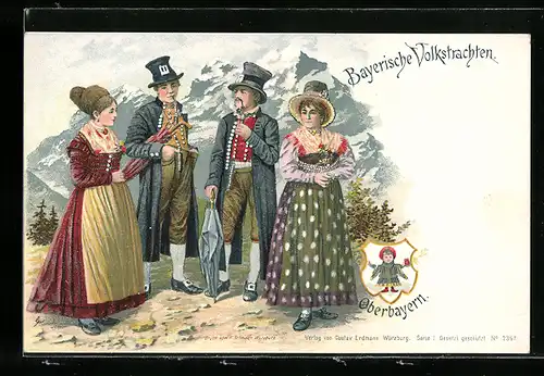 Lithographie Personen in bayerischer Tracht, Münchner Kindl