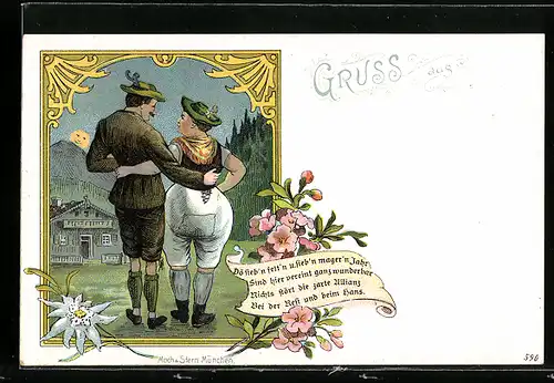 Lithographie Mann mit beleibter Frau in bayerischer Tracht