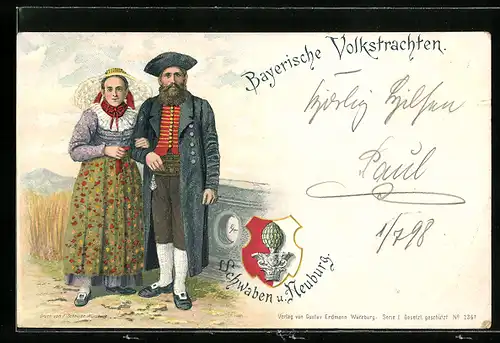 Lithographie Bayerische Volkstrachten, Paar in Trachten aus Schwaben u. Neuburg