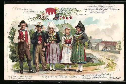 Künstler-AK Premich v. Rhön, Bayerische Volkstrachten Unterfranken und Aschaffenburg, Ortspartie