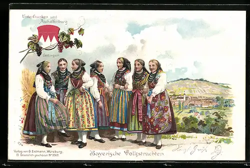 Künstler-AK junge Mädchen in Trachten aus Unterfranken und Aschaffenburg