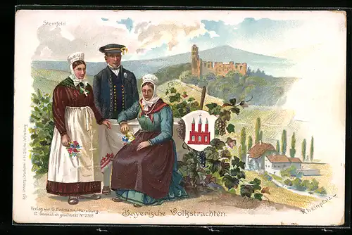 Lithographie Steinfeld, Unterfränkische Volkstrachten, Blick zur Ruine