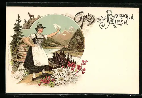 Lithographie Schweiz, Frau in schöner Tracht winkt zum Abschied