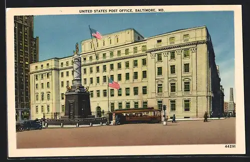 AK Baltimore, United States Post Office, Strassenbahn