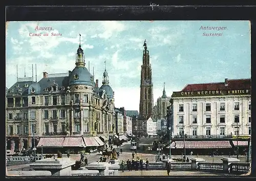 AK Anvers, canal au sucre, Strassenbahn