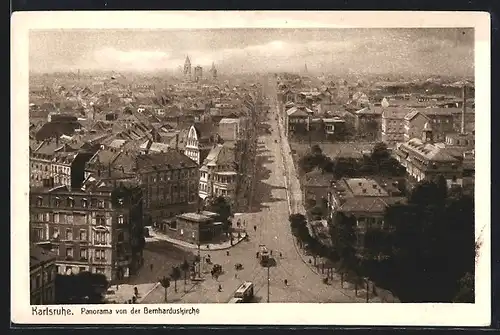 AK Karlsruhe, Panorama von der Bernharduskirche, Strassenbahnen