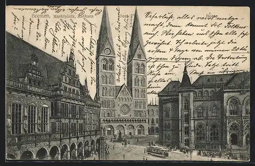 AK Bremen, Marktplatz, Rathaus, Dom, Strassenbahn