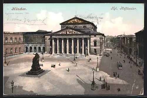 AK München, Königl. Hoftheater mit Strassenbahn