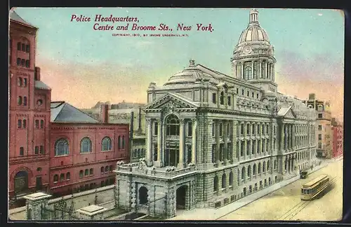 AK New York, Police Headquarters, Centre and Broome Sts., Strassenbahn