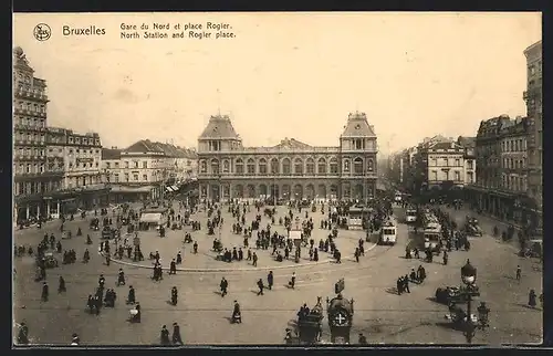 AK Bruxelles, Gare du Nord et place Rogier, Strassenbahn