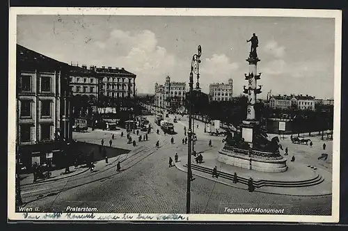 AK Wien, Praterstern, Tegethoff-Monument, Strassenbahnen