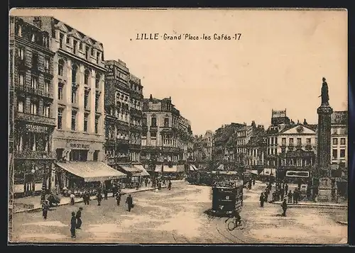 AK Lille, Grand Place-les Cafés-17, Strassenbahn