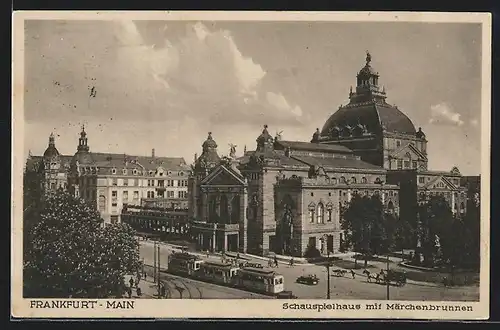 AK Frankfurt /Main, Schauspielhaus mit Märchenbrunnen und Strassenbahn
