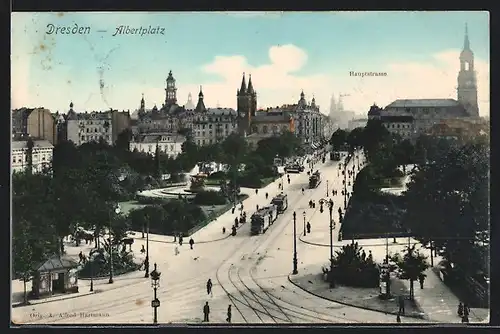 AK Dresden-Neustadt, Albert-Platz mit der Hauptstrasse aus der Vogelschau