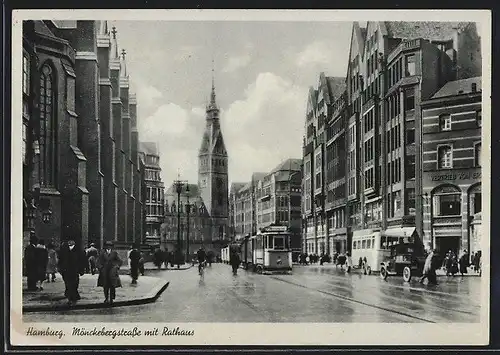 AK Hamburg, Mönckebergstrasse mit Rathaus, Strassenbahn
