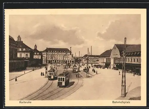 AK Karlsruhe, Bahnhofsplatz, Strassenbahn