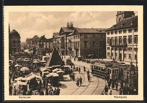 AK Karlsruhe, Marktplatz, Strassenbahn