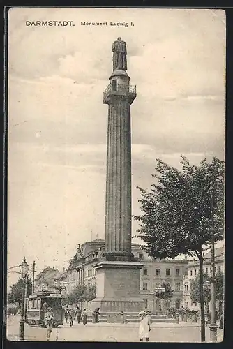 AK Darmstadt, Monument Ludwig I., Strassenbahn