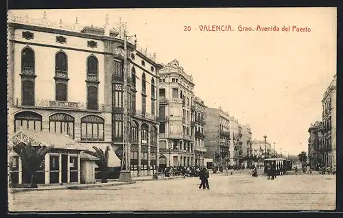 AK Valencia, Grao. Avenida del Puerto, Strassenbahn