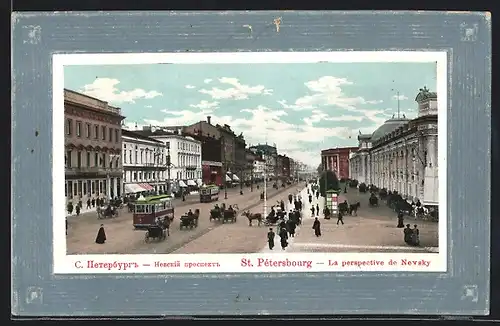 AK St. Pétersbourg, La perspective de Nevsky, Strassenbahn