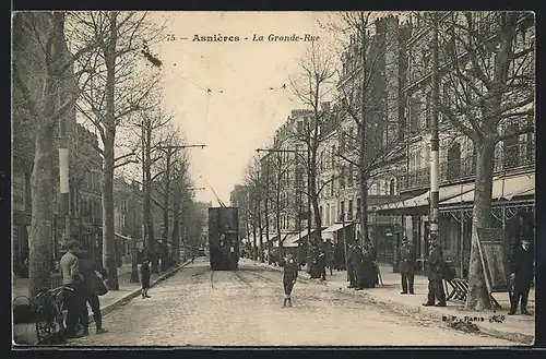 AK Asnières, La Grande-Rue, Strassenbahn