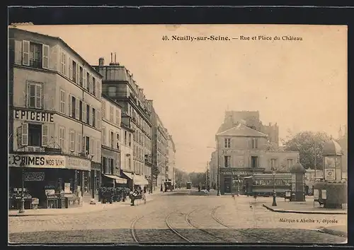 AK Neuilly-sur-Seine, Rue et Place du Chateau, Strassenbahn