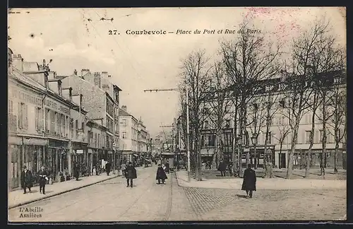 AK Courbevoie, Place du Port et Rue du Paris, Strassenbahn