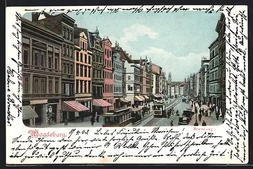 AK Magdeburg, Breiteweg mit Strassenbahn