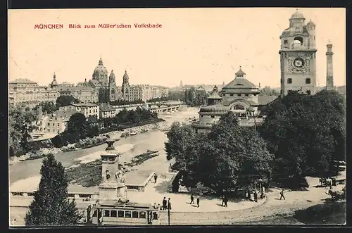 AK München, Blick zum Müller`schen Volksbade, Strassenbahn