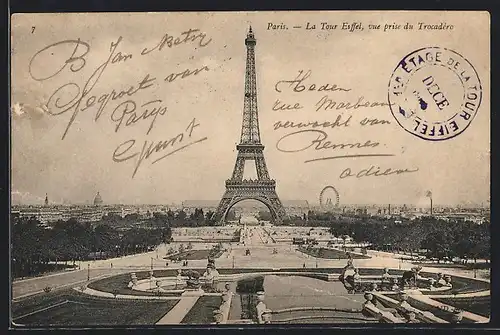 AK Paris, La Tour Eiffel, vue prise de Trocadéro, Eiffelturm