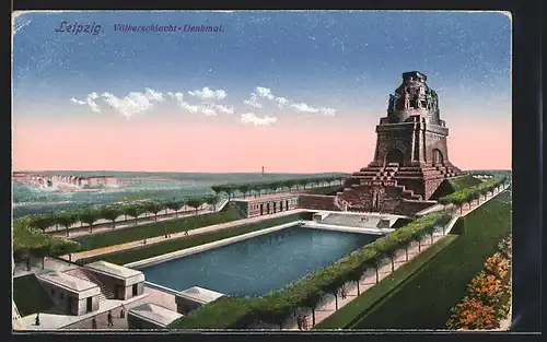 AK Leipzig, Völkerschlachtdenkmal im Sonnenuntergang